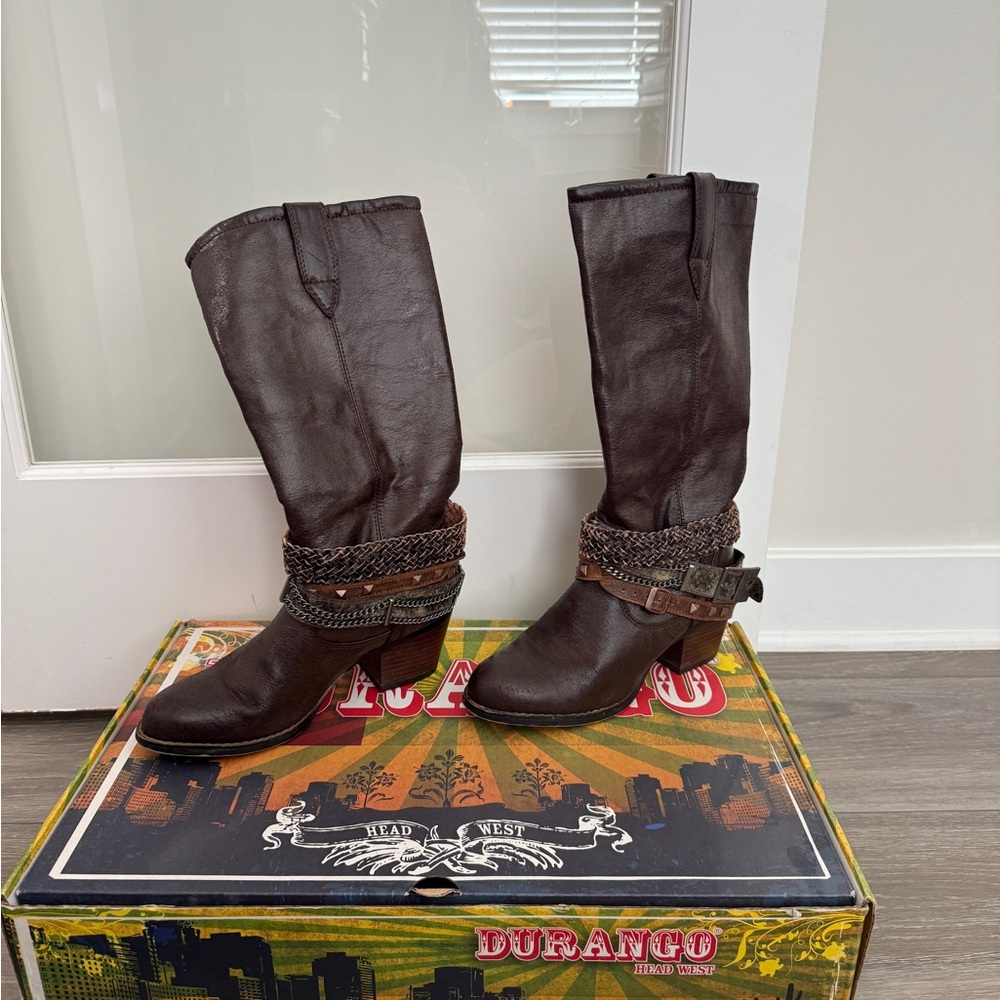 Durango Dark Brown Leather Boots with Buckle Detail